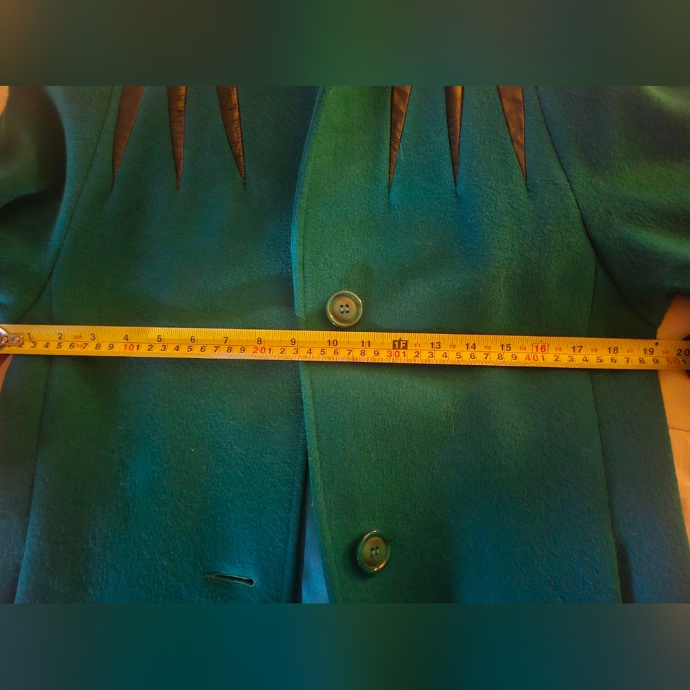Vintage Long Winter Coat Blue/Green Teal 100% Wool Button Down Pockets Small - Picture 9 of 12